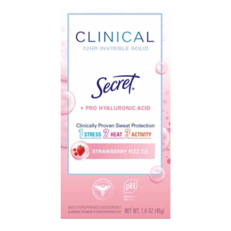 Secret Clinical Strength Antiperspirant and Deodorant for Women Pro-Hyaluronic Acid Invisible Solid Strawberry Fizz - 1.6oz/12pk