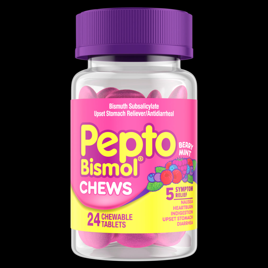 Pepto Bismol Chews Fast and Effective Digestive Relief from Nausea Heartburn Indigestion Upset Stomach Diarrhea Berry Mint Flavor Chewable Tablets - 24ct/12pk