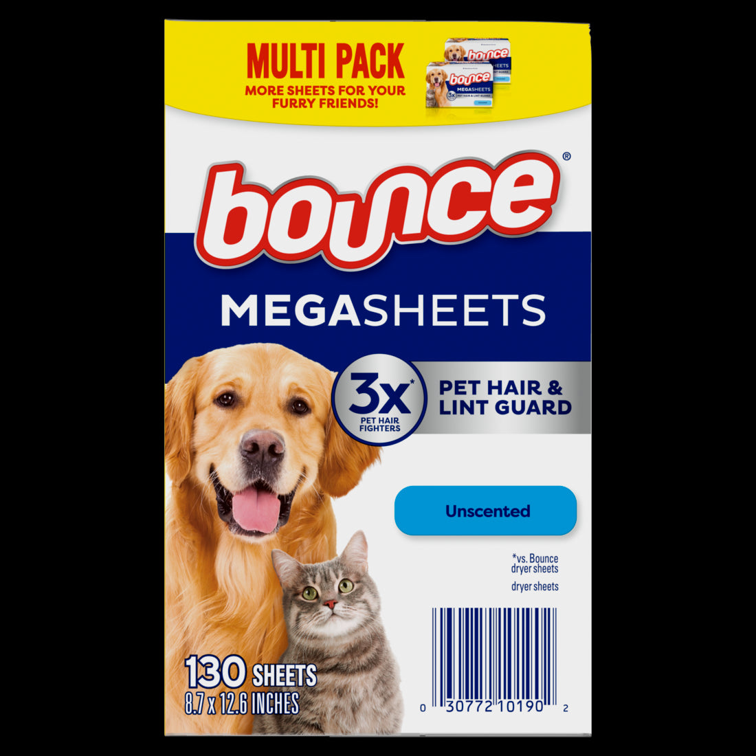 Bounce Pet Hair and Lint Guard Mega Dryer Sheets with 3X Pet Hair Fighters Unscented - 130ct/3pk