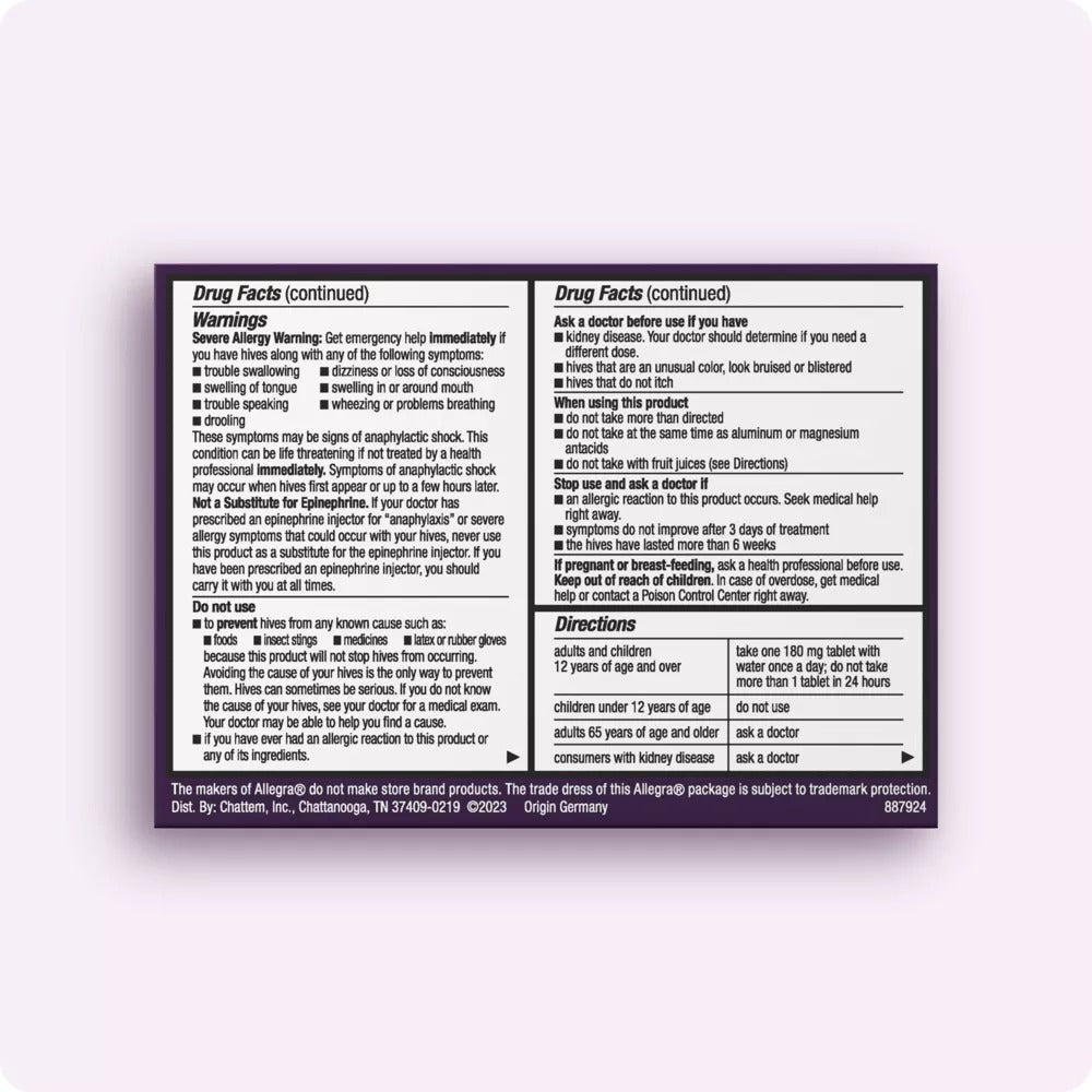 Allegra Adult Hives 24 hour Tablets (180mg) - 30ct/36pk