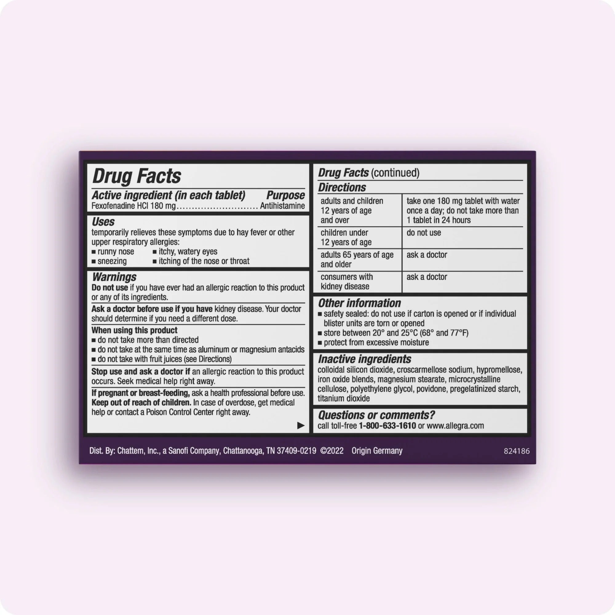 Allegra Allergy Adult 24 hour Tablets (180mg) - 15ct/24pk