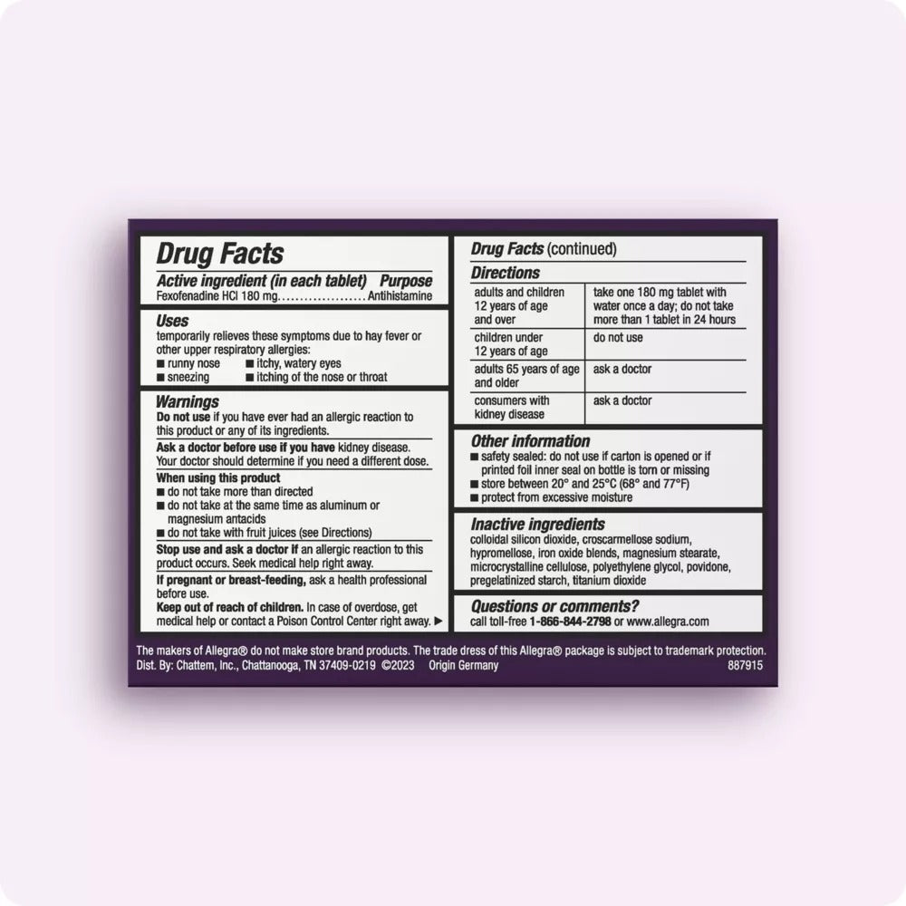 Allegra Allergy Adult 24 hour Tablets (180mg) - 90ct/24pk