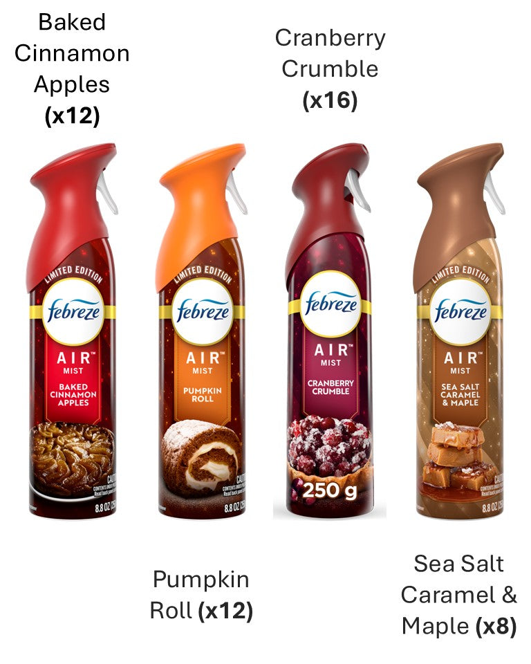 Febreze Display Air Freshener Spray Fall: Baked Cinnamon Apples (x12), Pumpkin Roll (x12), Cranberry Crumble (x16), Sea Salt Caramel & Maple (x8) - 8.8oz/48pk