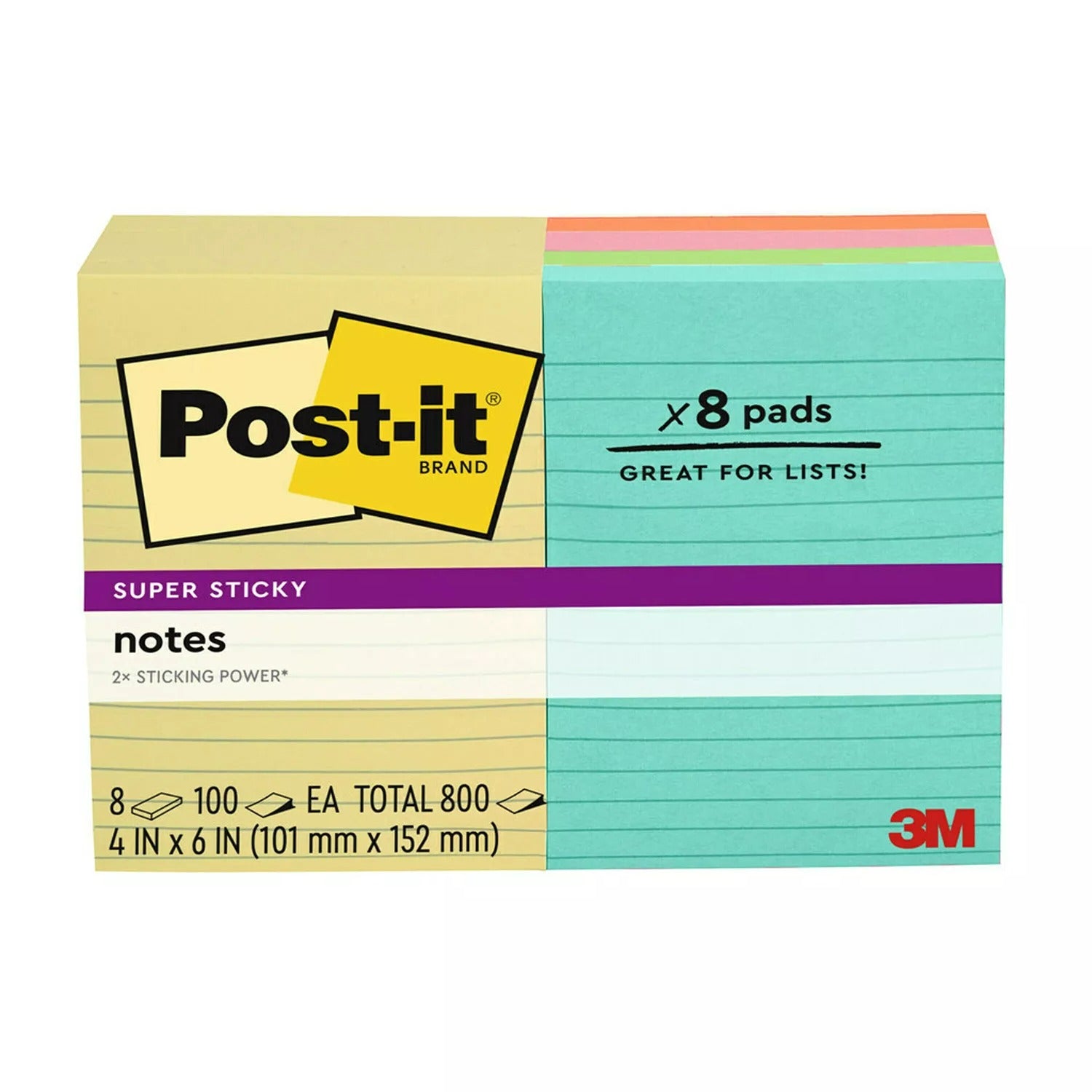 Post-it Super Sticky Notes 4" x 6" Assorted Colors Lined 100 sheets - 8pads/1pk