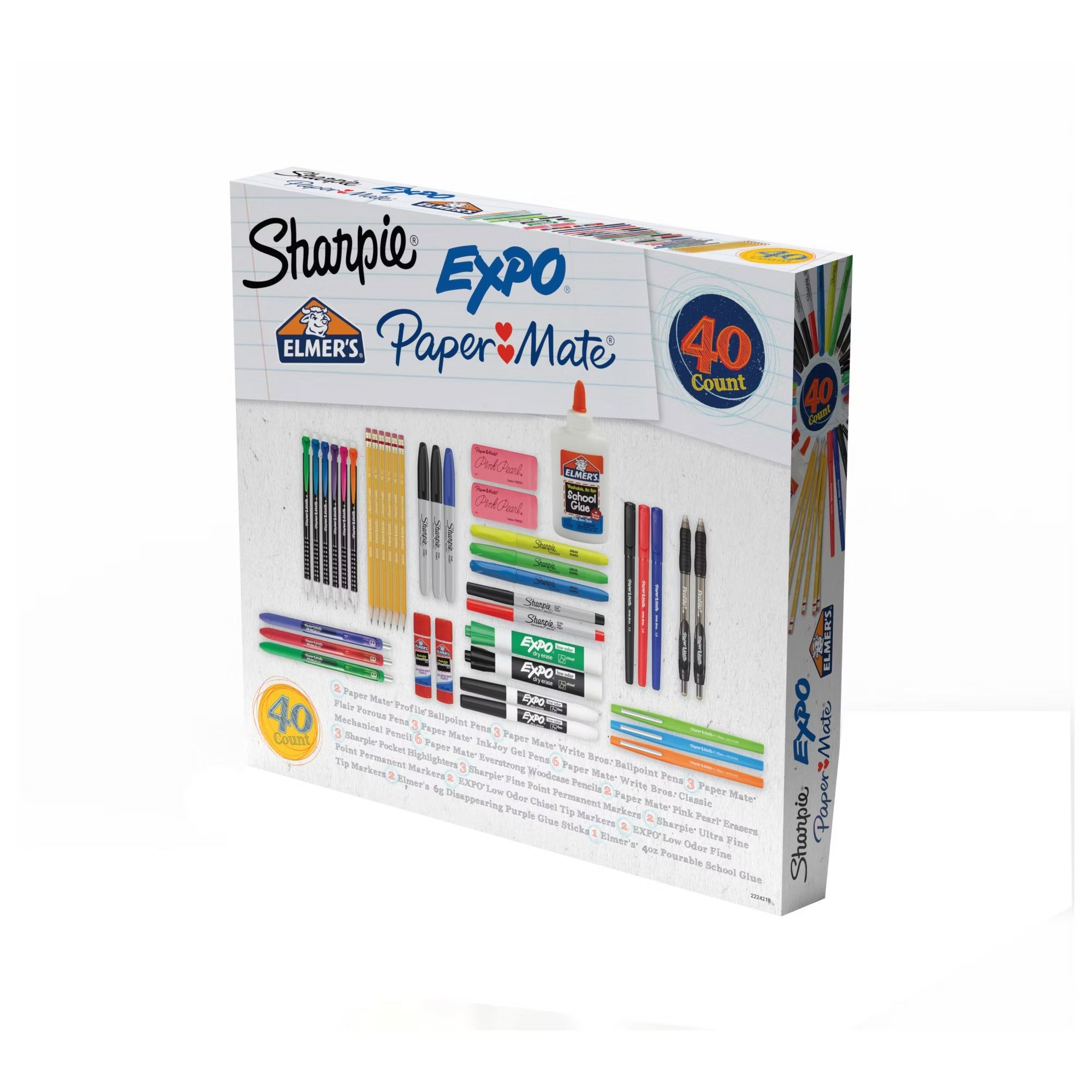 Paper Mate All in One School Essentials Pack Featuring Pens Pencils Glue Dry Erase Markers and Erasers - 40ct/1pk