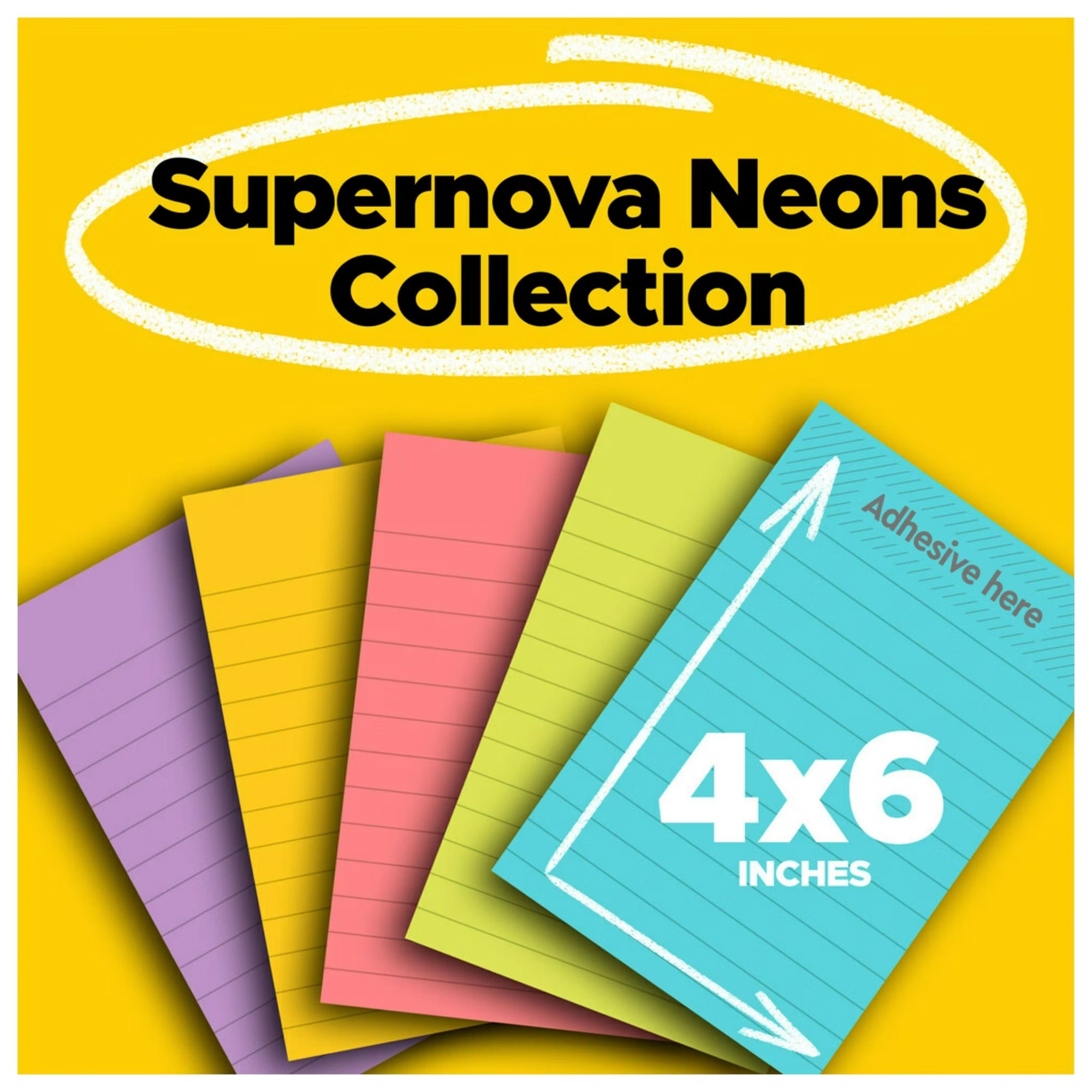Post-it Super Sticky Notes 4" x 6" Supernova Neons Collection Lined 90 sheets - 5pads/1pk