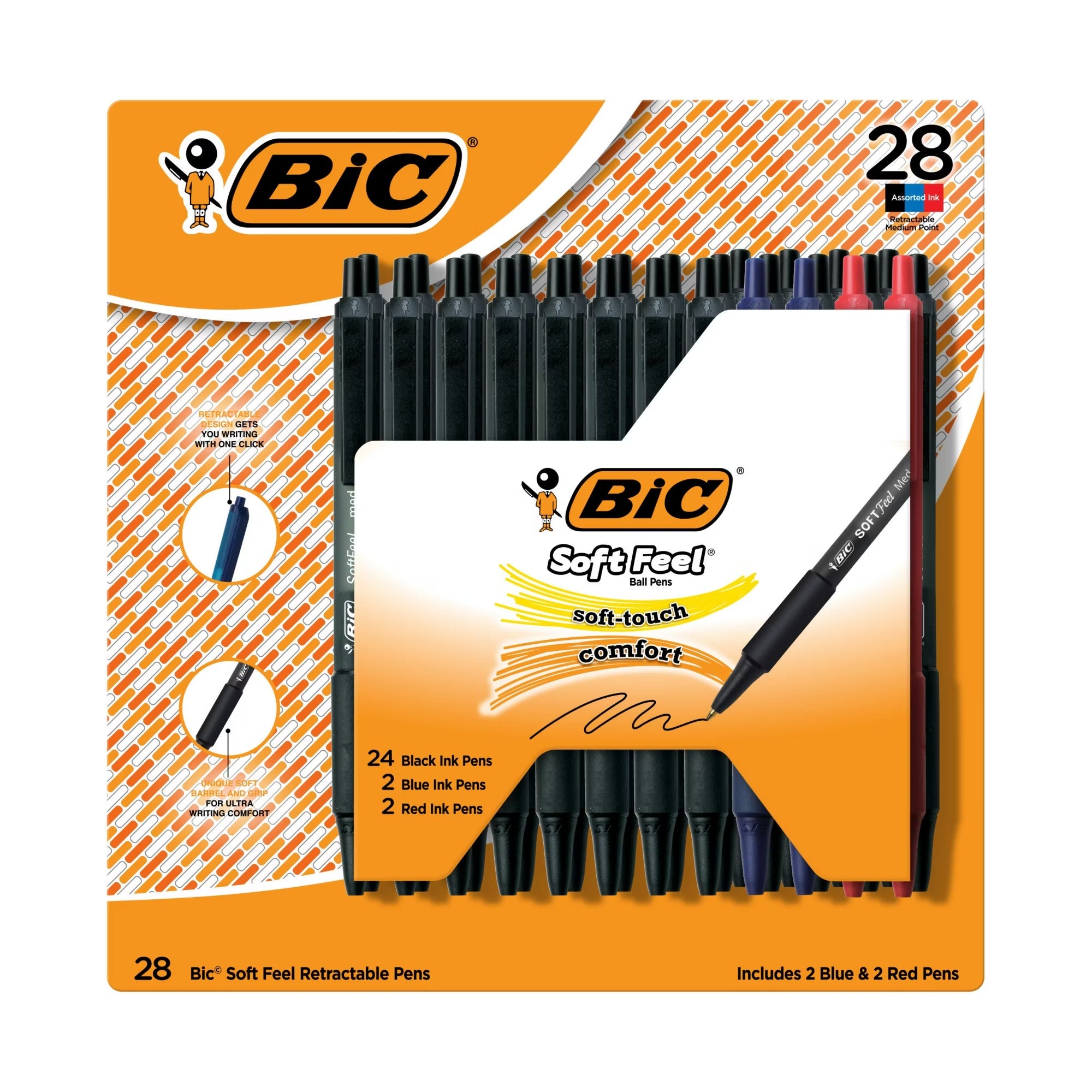 BIC Soft Feel Retractable Ballpoint Pens with Soft Touch Comfort Grip Medium Point Assorted Colors - 28ct/1pk