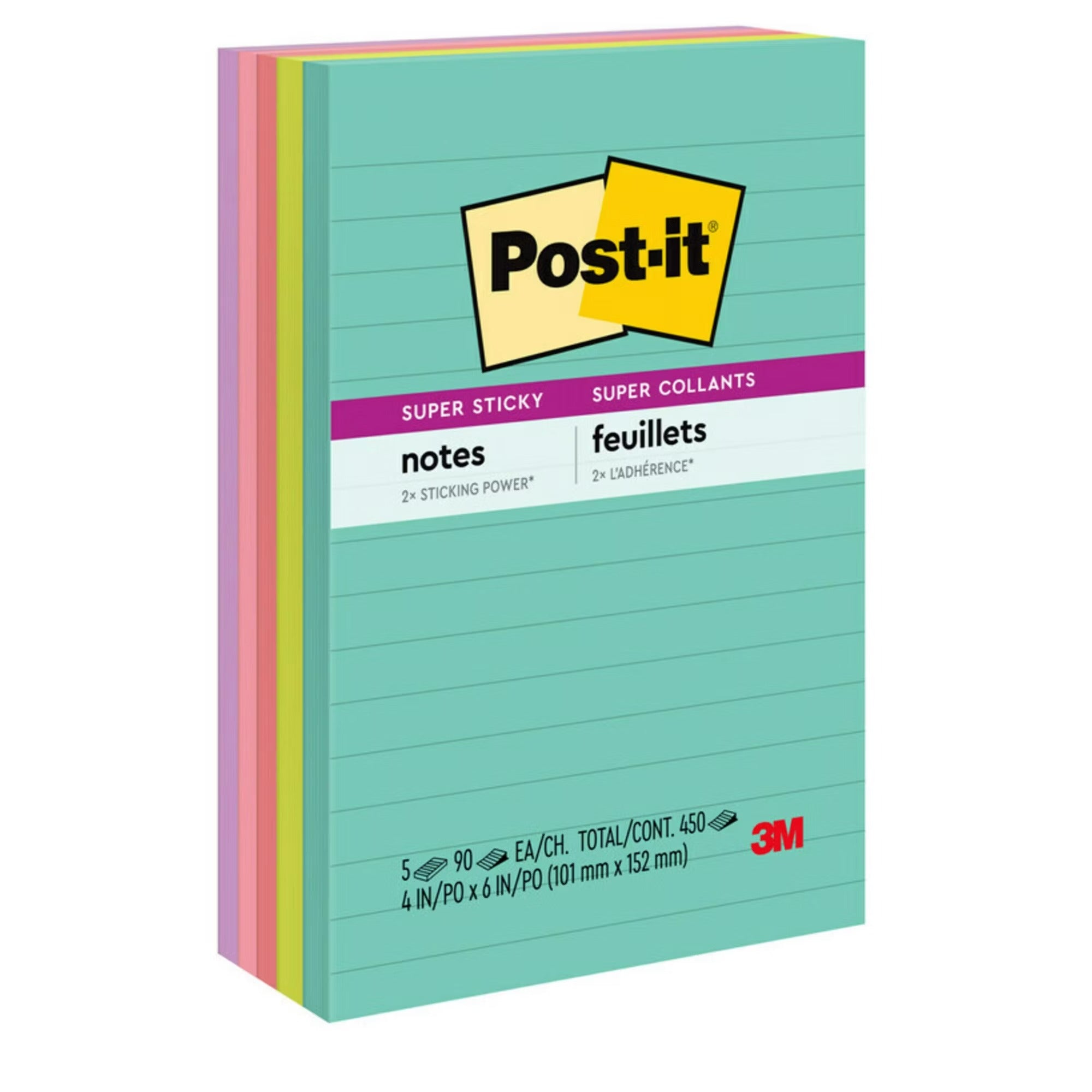 Post-it Super Sticky Notes 4" x 6" Supernova Neons Collection Lined 90 sheets - 5pads/1pk