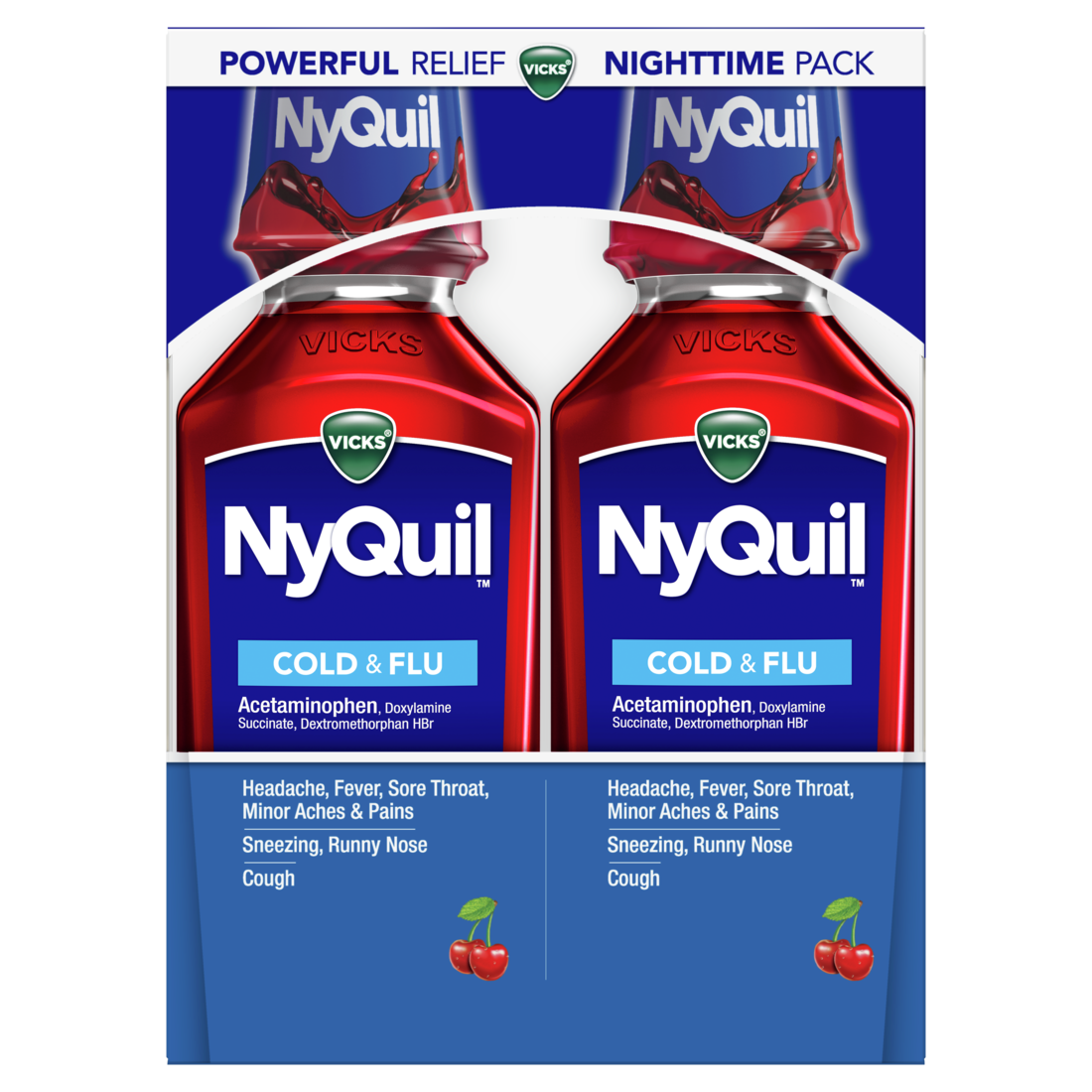 Vicks Nyquil Cold And Flu Medicine Twin Pack Cherry Flavor Relieves Nighttime Cough Sore Throat Fever Runny Nose - (2x12)oz/6pk