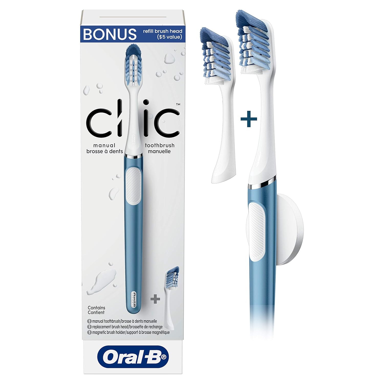Oral-B Clic Toothbrush Alaska Blue with 2 Replaceable Heads and Magnetic Toothbrush Holder - 1ct/12pk