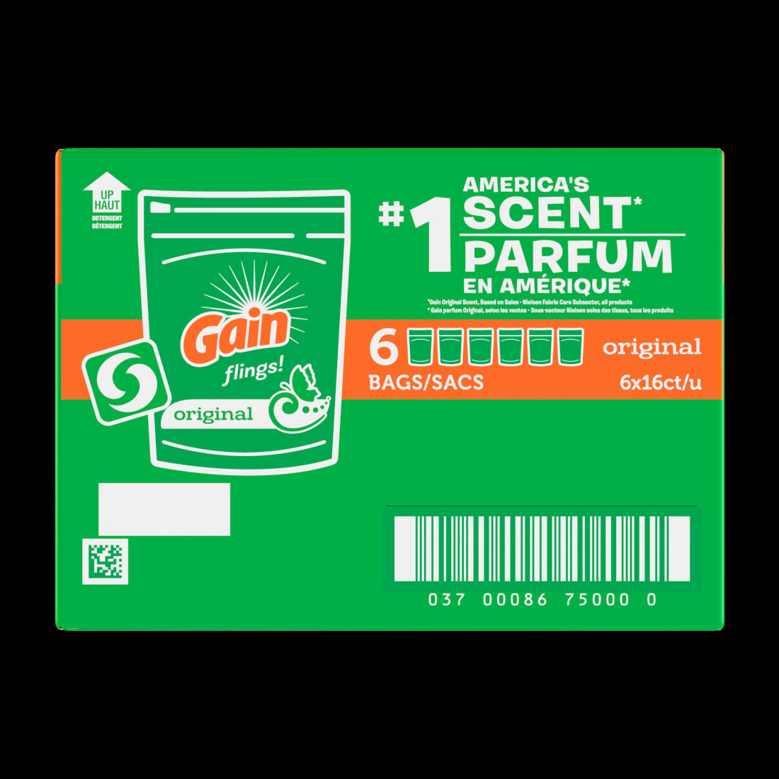 Gain Flings Laundry Detergent Pacs Original Scent with Odor Defense Concentrated Laundry Soap Pacs - 16ct/6pk