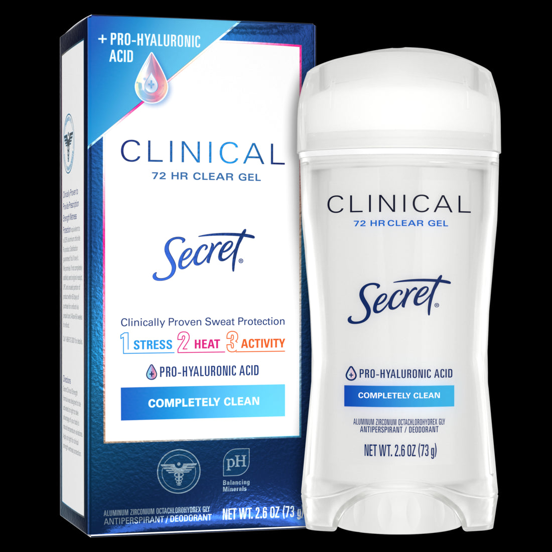 Secret Clinical Strength Clear Gel Antiperspirant and Deodorant for Women Pro-Hyaluronic Acid Completely Clean - 2.6oz/12pk
