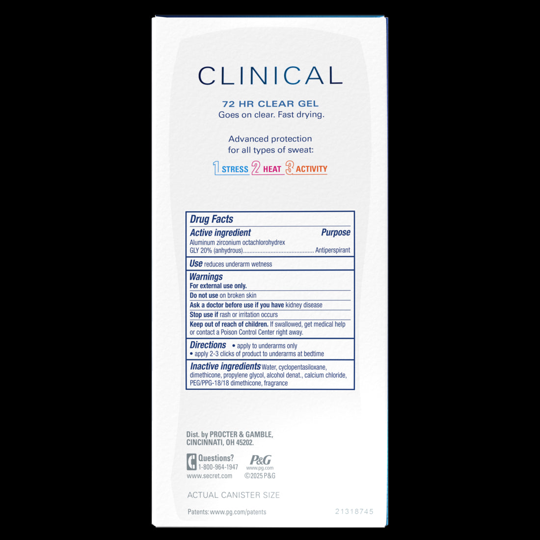 Secret Clinical Strength Clear Gel Antiperspirant and Deodorant for Women Pro-Hyaluronic Acid Completely Clean - 2.6oz/12pk