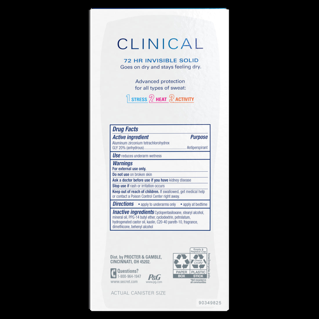 Secret Clinical Strength Invisible Solid Antiperspirant and Deodorant for Women Completely Clean - 2.6oz/12pk