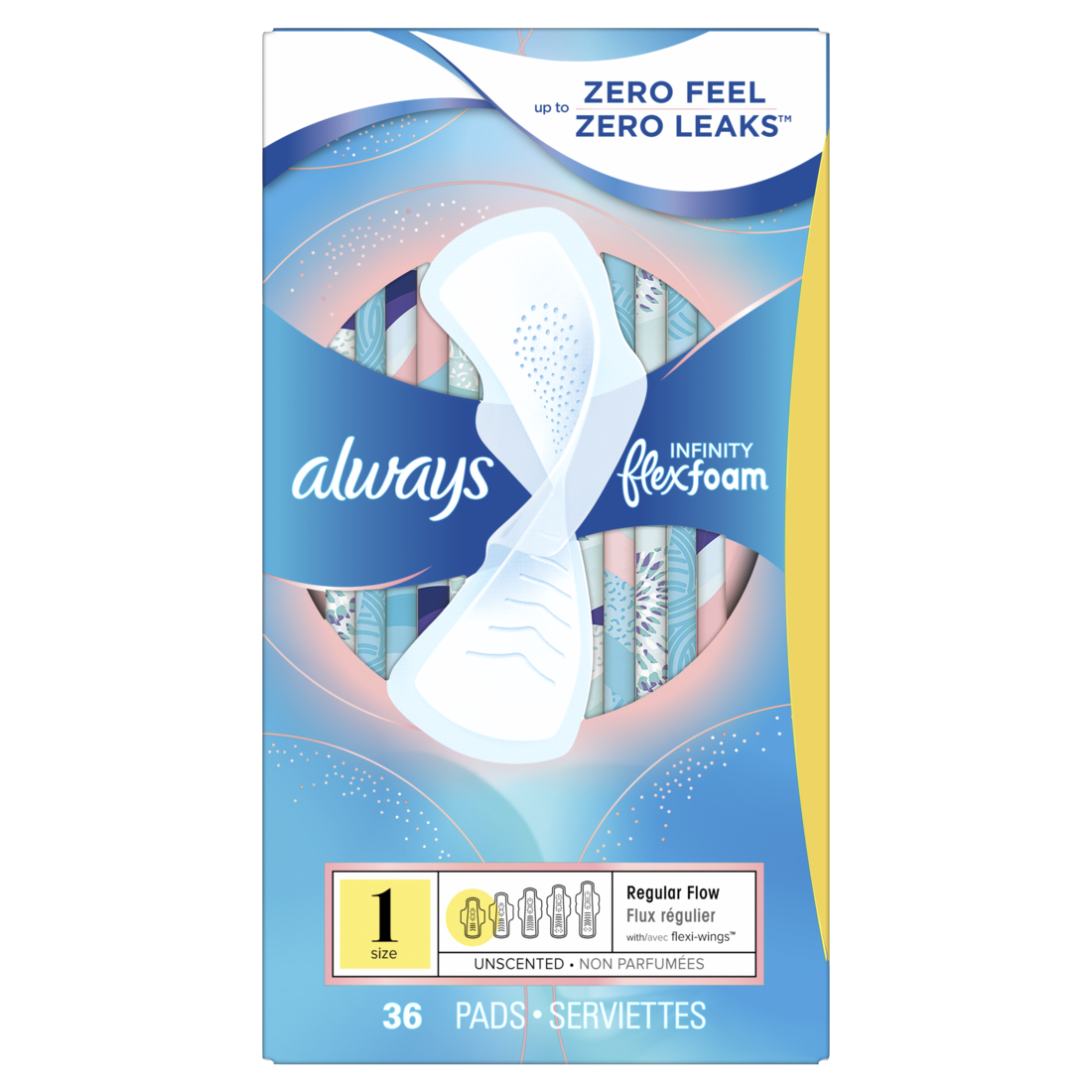 Always Infinity Feminine Pads for Women Flexfoam Pads with Wings Size 1 Regular Absorbency Unscented - 36ct/6pk