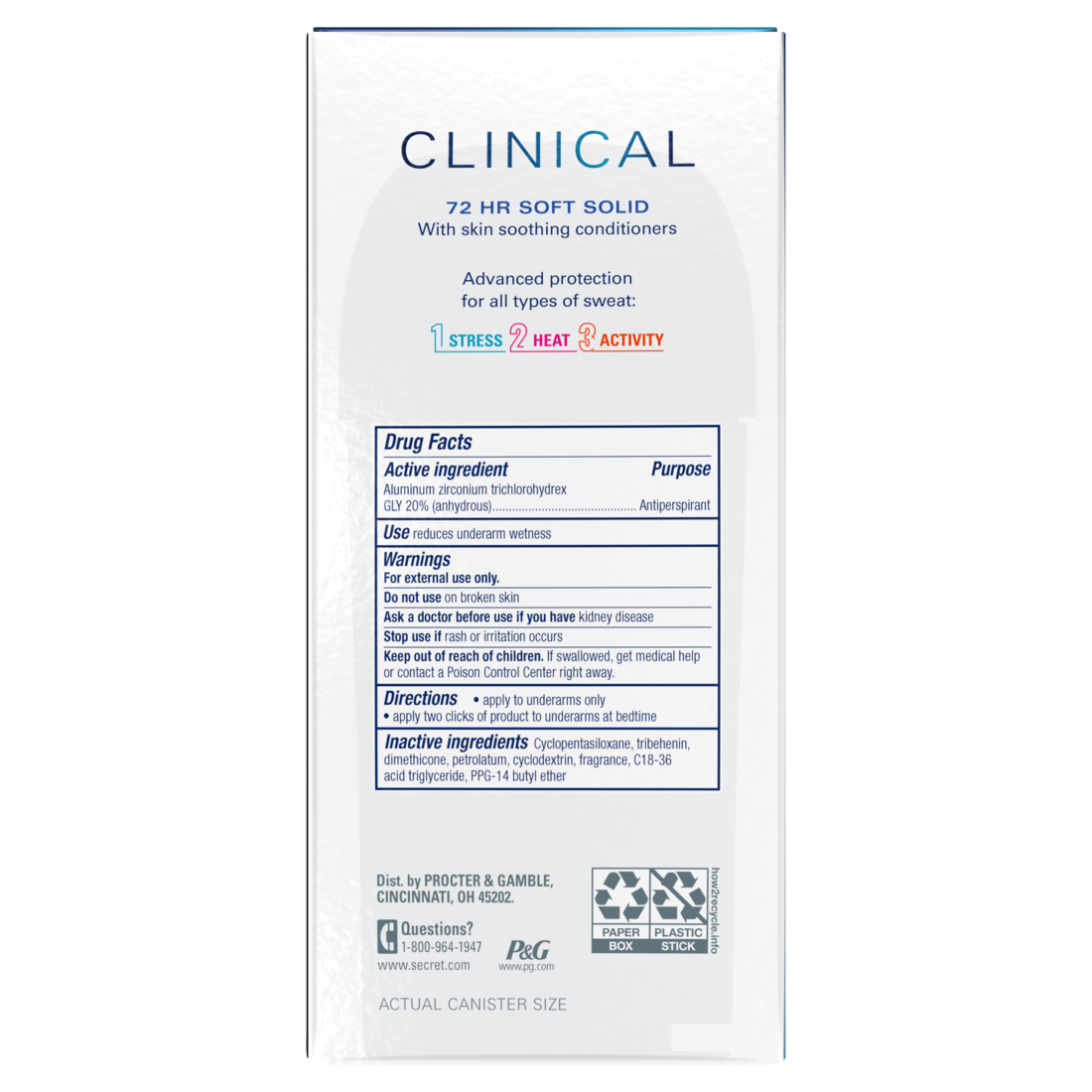 Secret Clinical Antiperspirant Deodorant For Women 100HR Sweat & Odor Protection Hyaluronic Acid Soft Solid Light&Fresh - 2.6oz/12pk