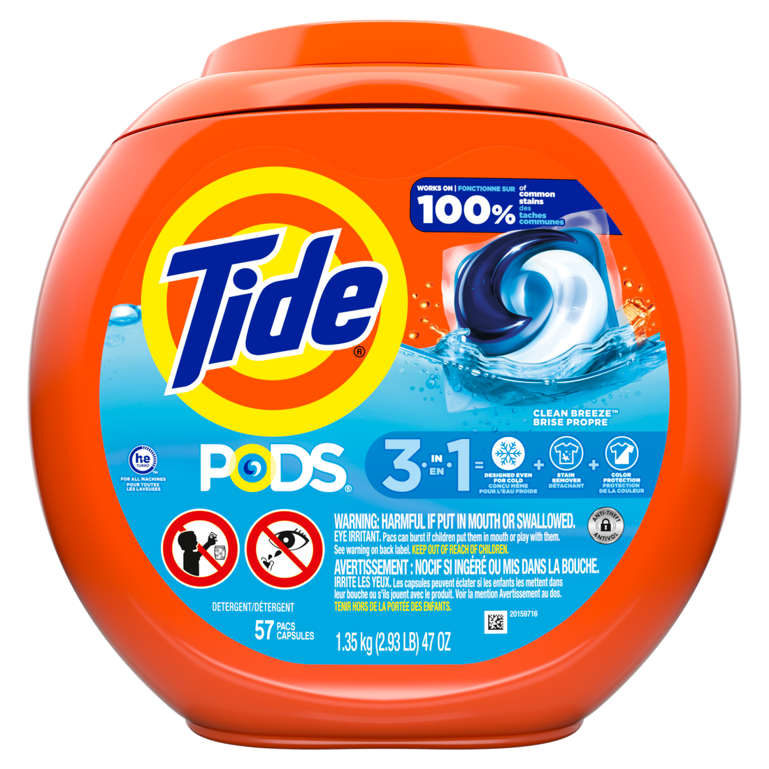 Tide Pods Laundry Detergent Pacs 3-in-1 Stain Remover Odor Fighter Color Protector HE Compatible Clean Breeze Scent - 57ct/4pk