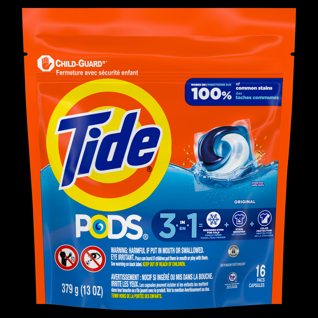 Tide PODS Laundry Detergent Pacs 3-in-1 Stain Remover Odor Fighter Color Protector HE compatible Original Scent - 16ct/6pk