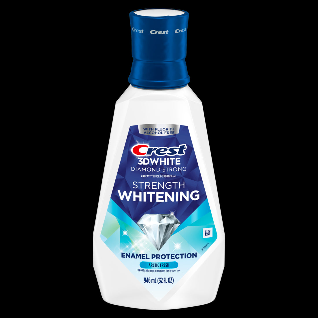 Crest 3D White Strength Whitening Mouthwash Mouth Rinse Strengthens Enamel Whitens Teeth Prevents Cavities Alcohol Free Contains Fluoride Wintermint Flavor 946 mL - 32oz/6pk