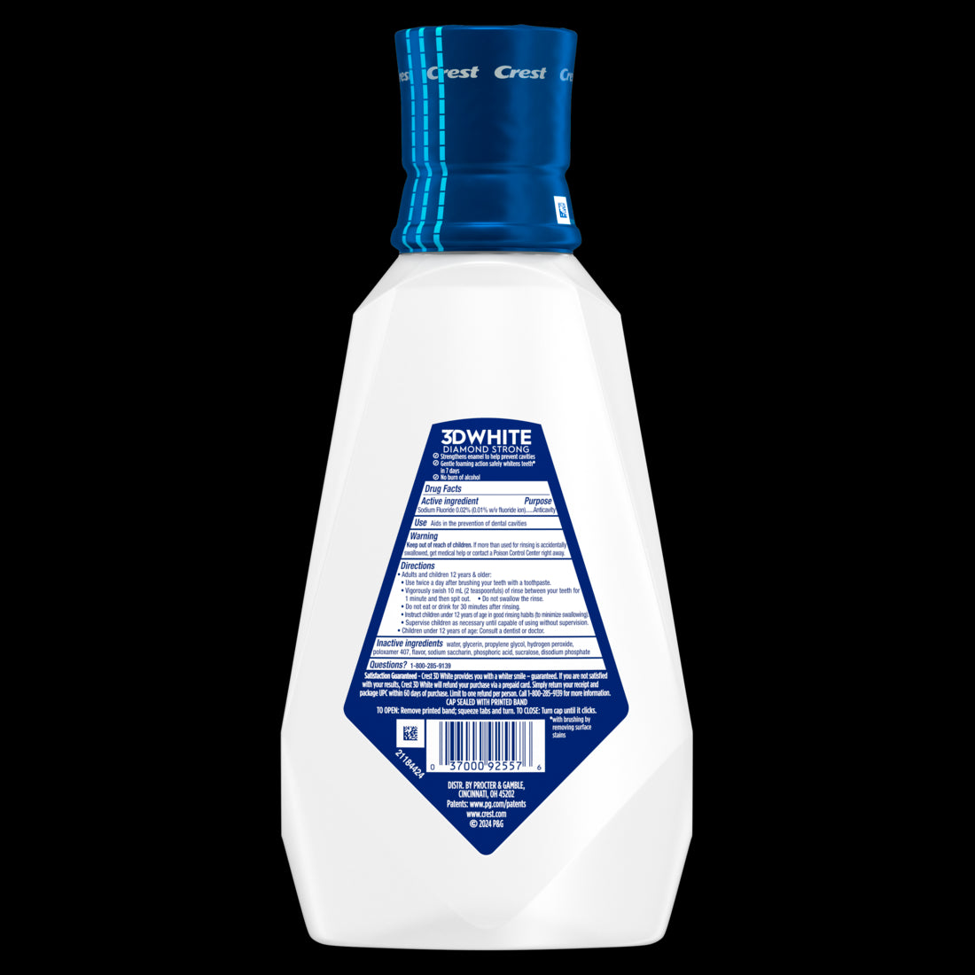 Crest 3D White Strength Whitening Mouthwash Mouth Rinse Strengthens Enamel Whitens Teeth Prevents Cavities Alcohol Free Contains Fluoride Wintermint Flavor 946 mL - 32oz/6pk