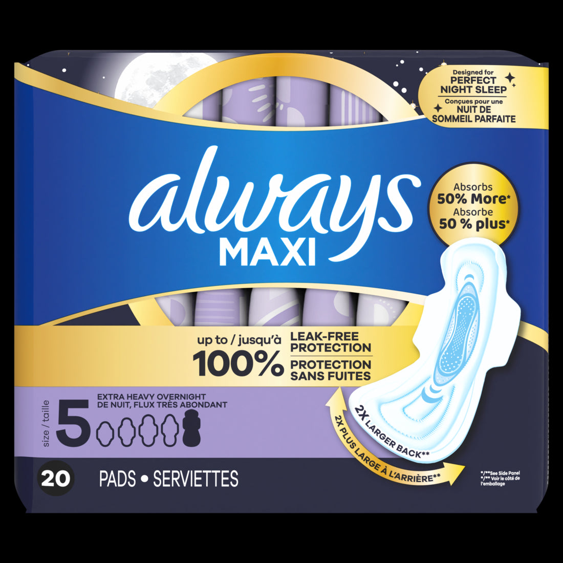 Always Maxi Overnight Pads with Wings for Women Size 5 Extra Heavy Overnight Absorbency Unscented - 20ct/6pk