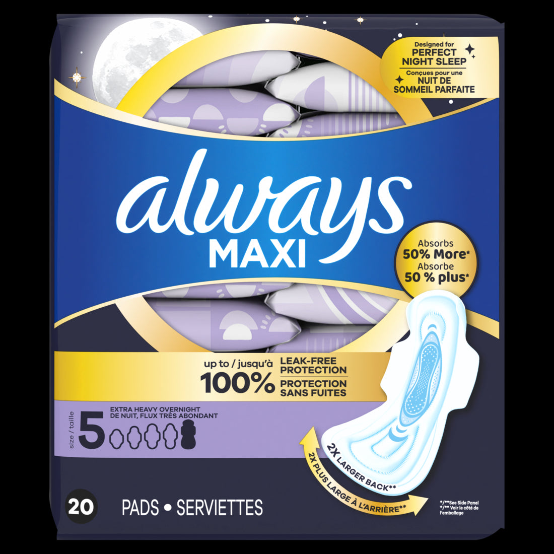Always Maxi Overnight Pads with Wings for Women Size 5 Extra Heavy Overnight Absorbency Unscented - 20ct/6pk