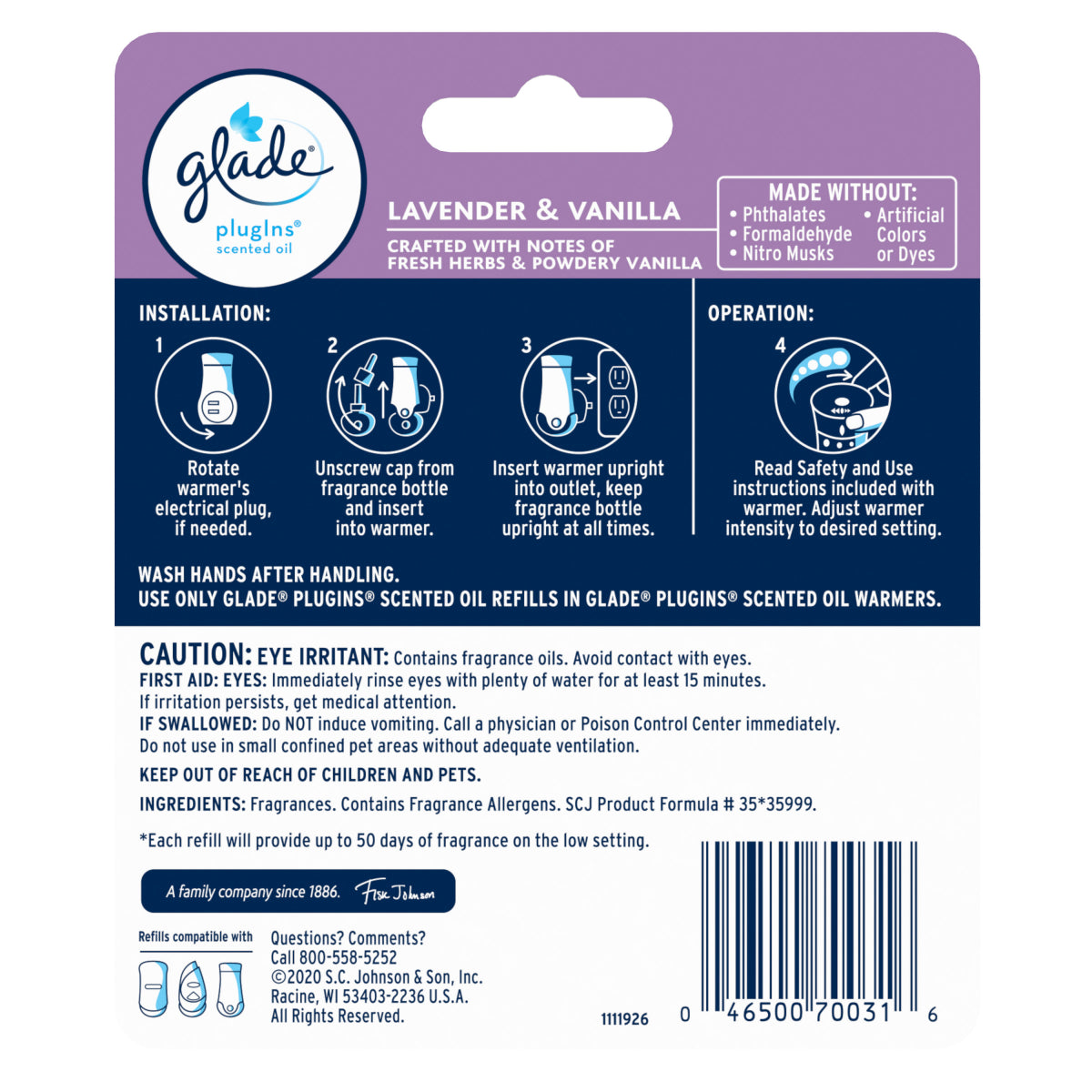 Glade PlugIns Scented Oil Refills Lavender&Vanilla - (2x0.67)oz/6pk