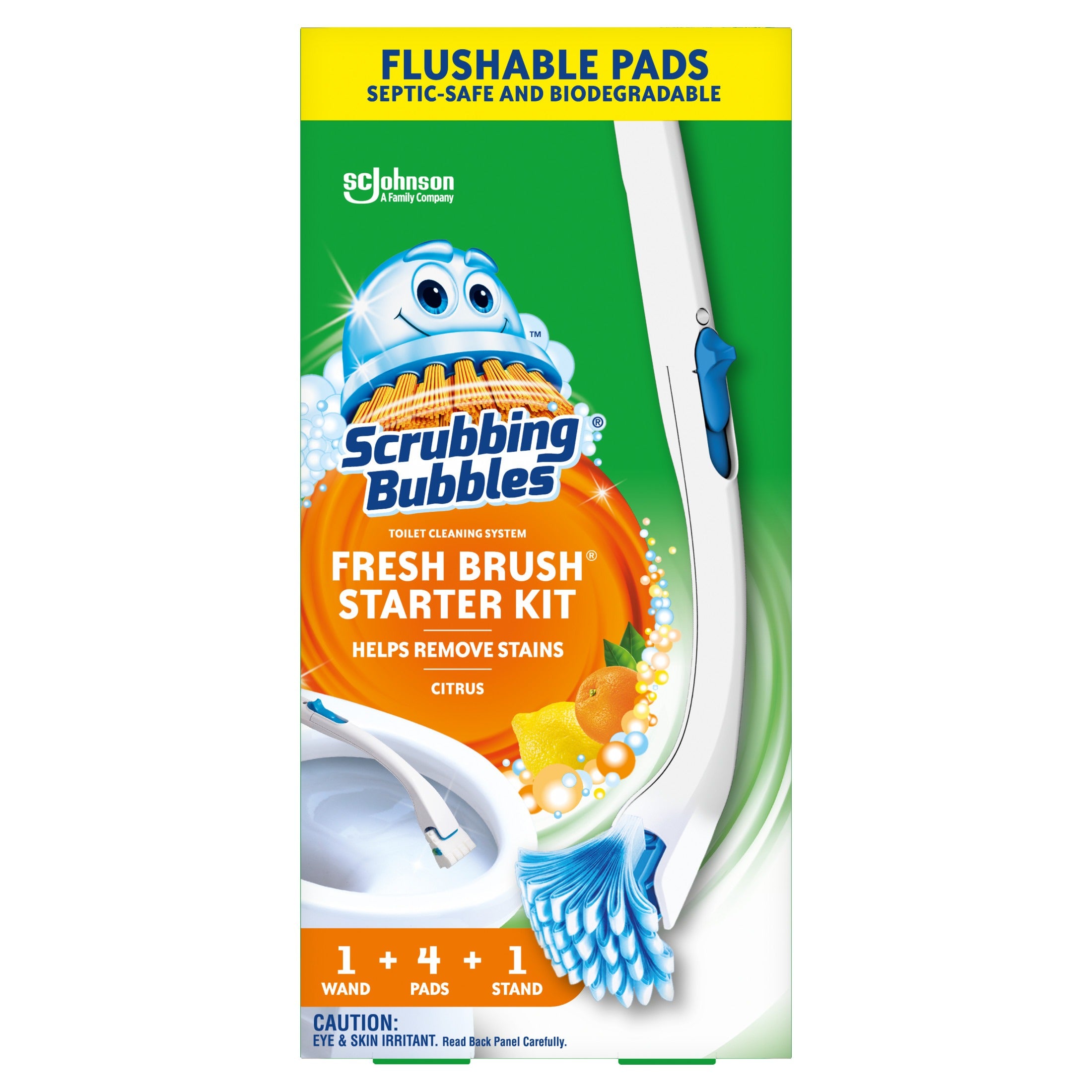 Scrubbing Bubbles Fresh Brush Starter Kit (1 wand + 4 pads + 1 stand) Citrus - 1set/4pk