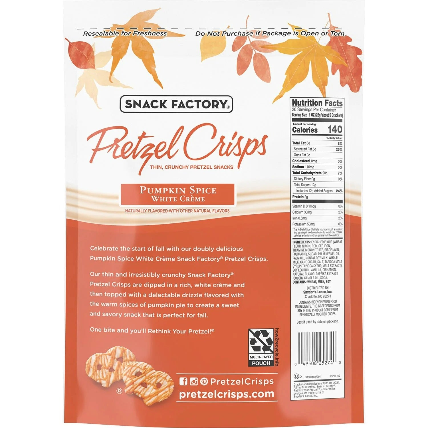 Snack Factory Pumpkin Spice White Creme Pretzel Crisps - 20oz/1pk