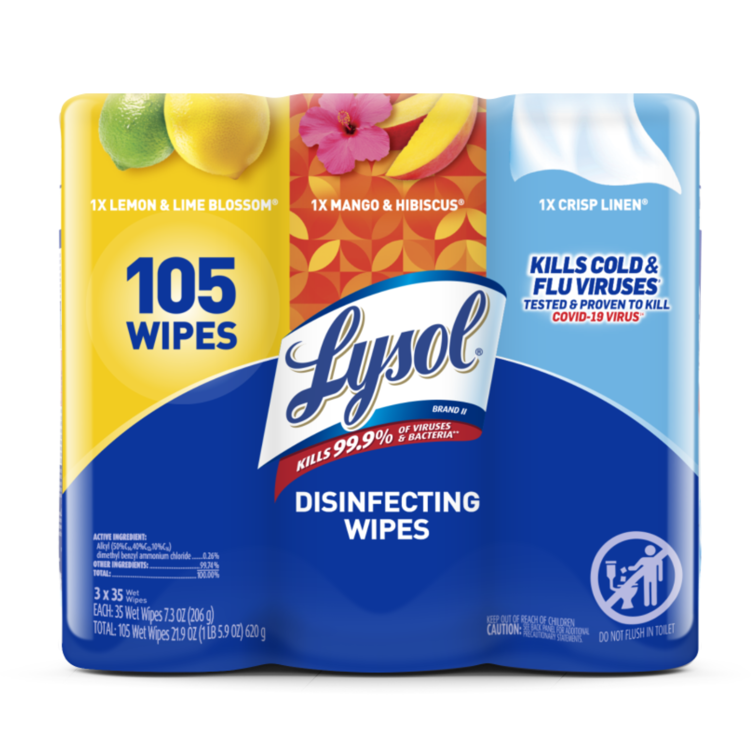LYSOL Disinfecting Wipes - (1 Lemon + 1 Brand New Day Mango & Hibiscus + 1 Crisp Linen) - (3x35)ct/4pk