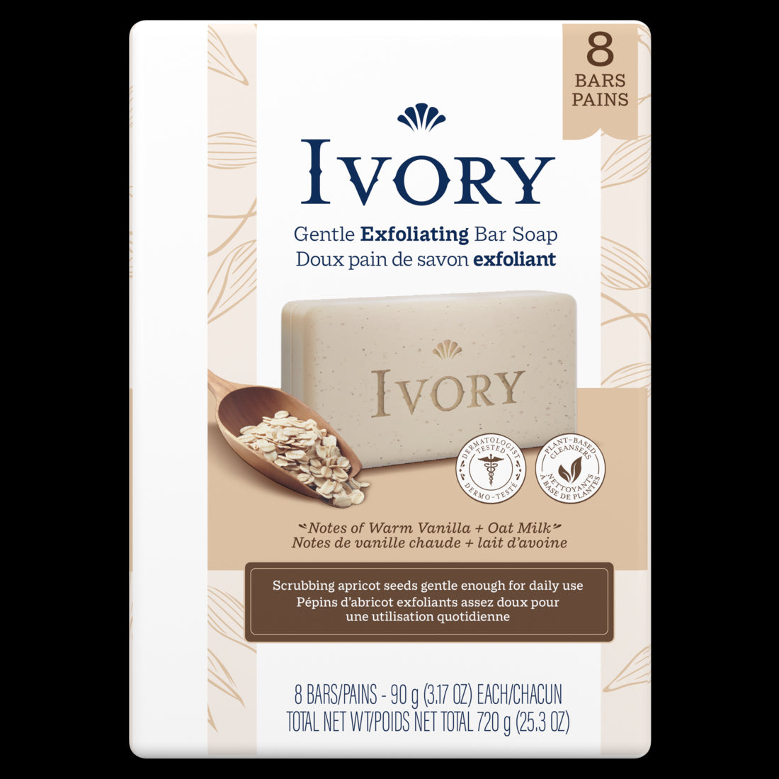Ivory Gentle Exfoliating Bar Soap Notes of Warm Vanilla + Oat Milk - (8x3.17)oz/4pk