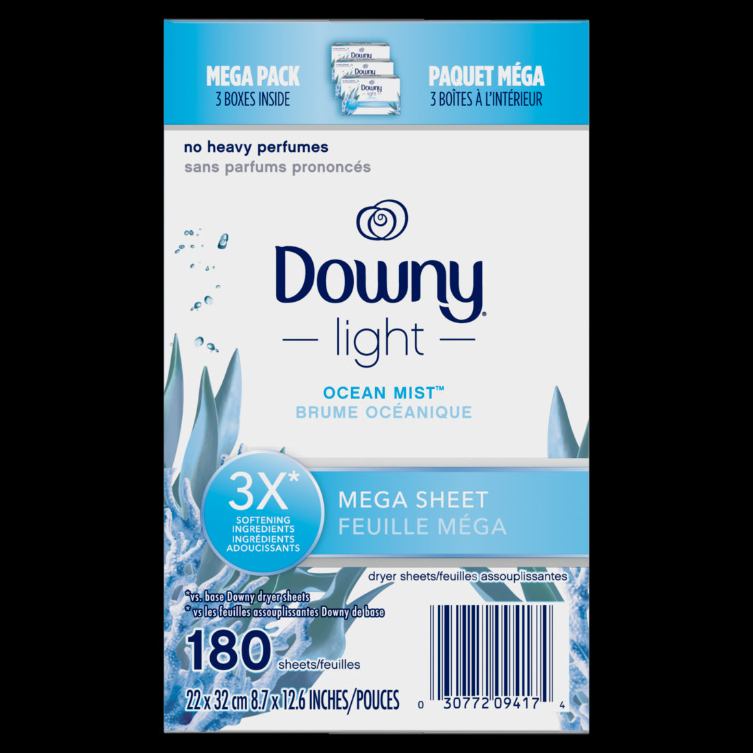 Downy Light Mega Dryer Sheets Laundry Fabric Softener Ocean Mist - 180ct/3pk