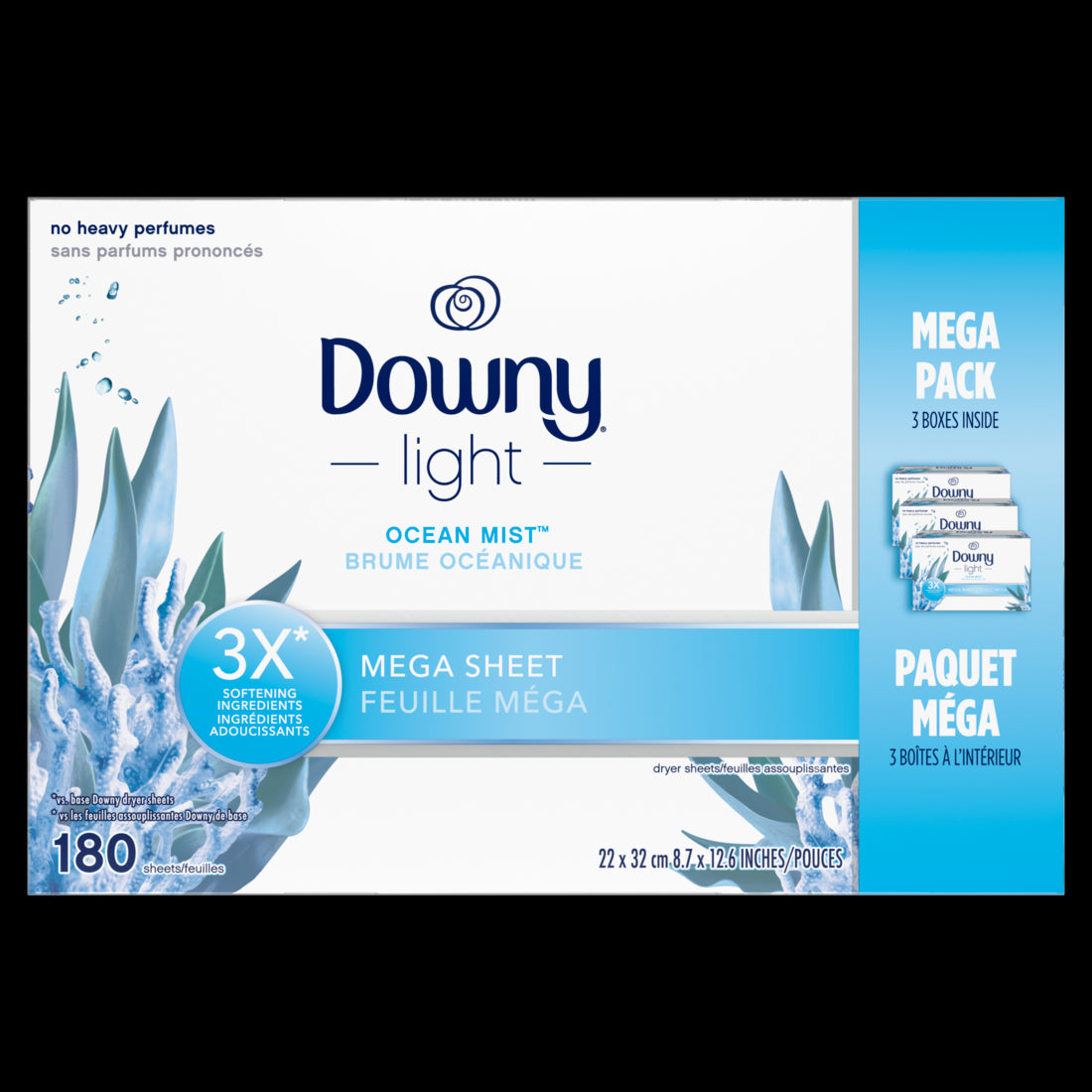 Downy Light Mega Dryer Sheets Laundry Fabric Softener Ocean Mist - 180ct/3pk