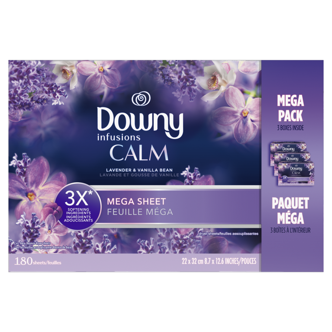 Downy Calm Mega Dryer Sheets Laundry Fabric Softener Lavender And Vanilla Bean - 180ct/3pk