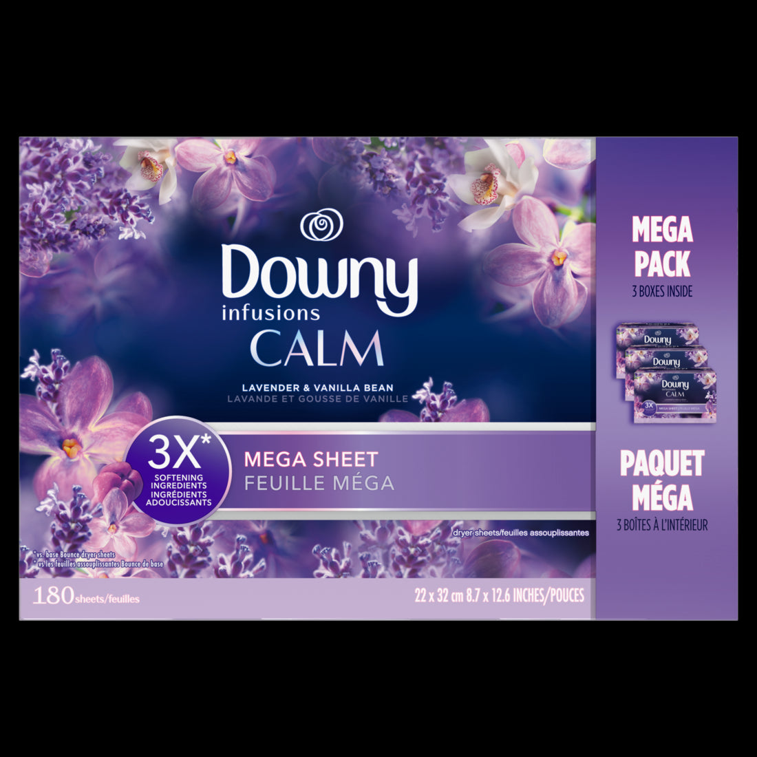 Downy CALM Mega Dryer Sheets Laundry Fabric Softener Lavender and Vanilla Bean - 180ct/3pk