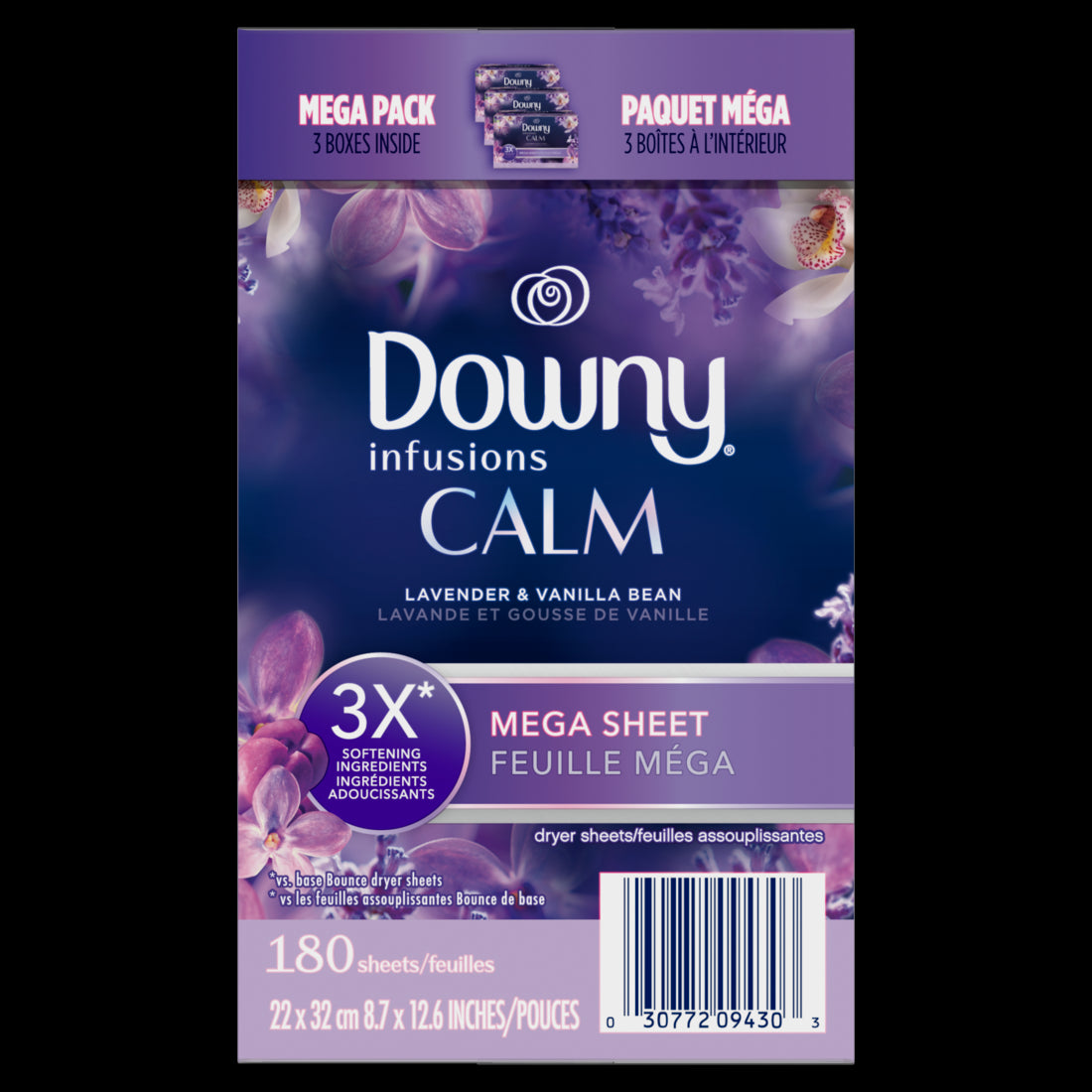 Downy CALM Mega Dryer Sheets Laundry Fabric Softener Lavender and Vanilla Bean - 180ct/3pk
