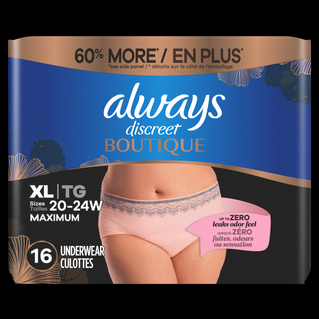 Always Discreet Boutique Incontinence and Postpartum Underwear for Women Maximum Protection Size XL Rosy - 16ct/2pk