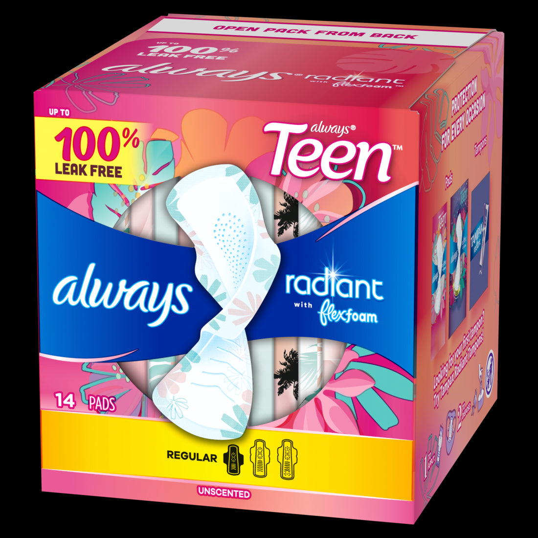 Always Radiant Teen with FlexFoam Pads Size 1 Regular with Wings Unscented - 14ct/12pk