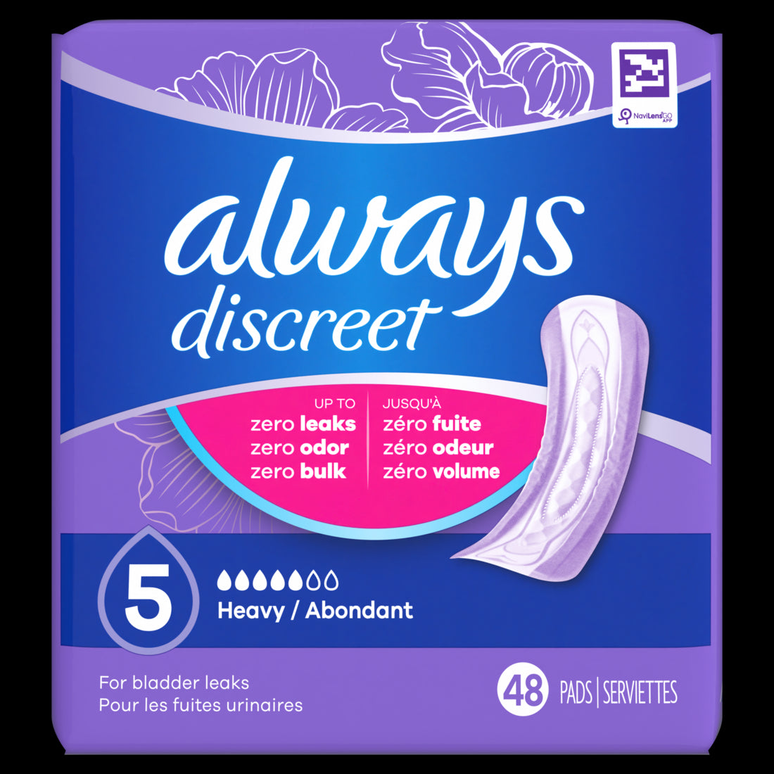 Always Discreet Adult Incontinence Pads for Women Heavy Absorbency Regular Length Postpartum Pads Size 5 - 48ct/3pk