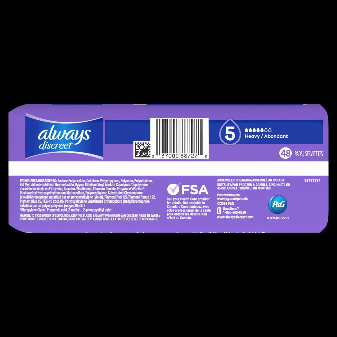 Always Discreet Adult Incontinence Pads for Women Heavy Absorbency Regular Length Postpartum Pads Size 5 - 48ct/3pk