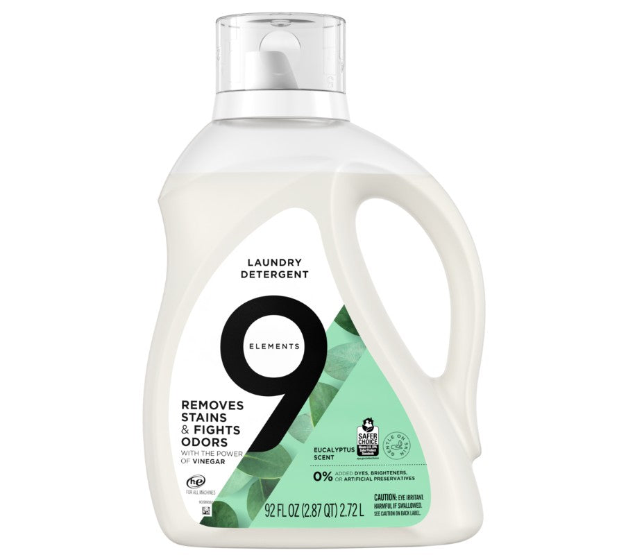 9 Elements Liquid Laundry Detergent Eucalyptus Scent Vinegar Powered - 92oz/4pk