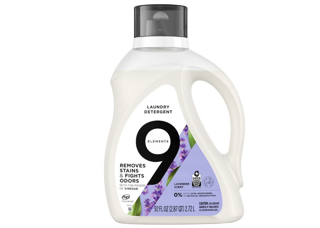 9 Elements Liquid Laundry Detergent Lavender Scent Vinegar Powered - 92oz/4pk