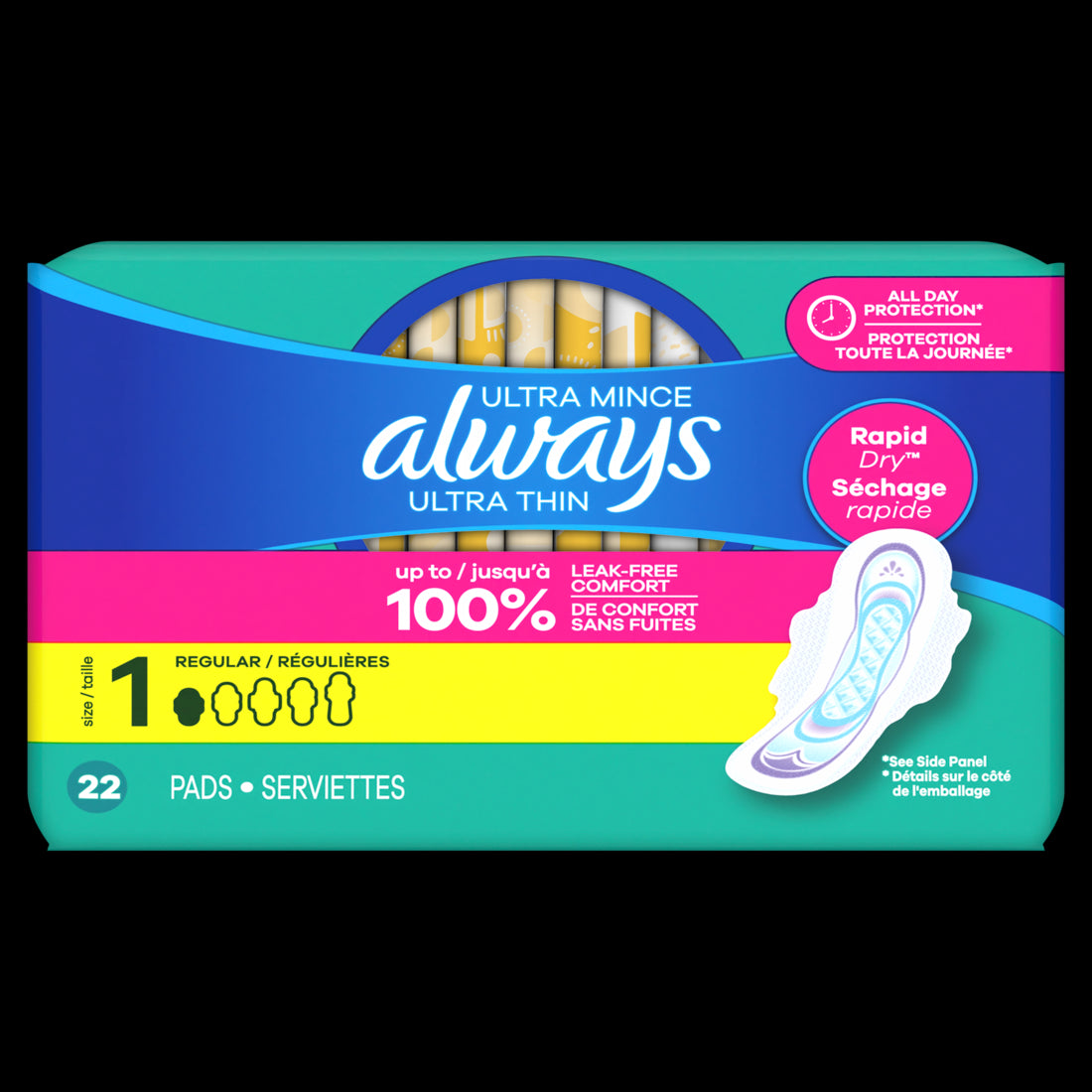 Always Ultra Thin Feminine Pads with Wings for Women Size 1 Regular Absorbency Unscented - 22ct/6pk