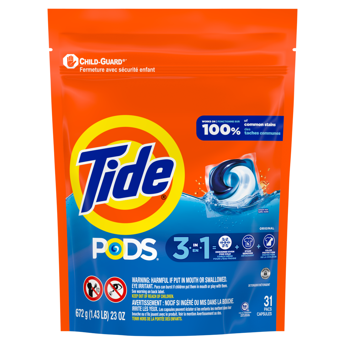 Tide Pods Laundry Detergent Original Scent 3-in-1 Stain Remover Odor Fighter Color Protector Concentrated Laundry Soap Pacs - 31ct/4pk