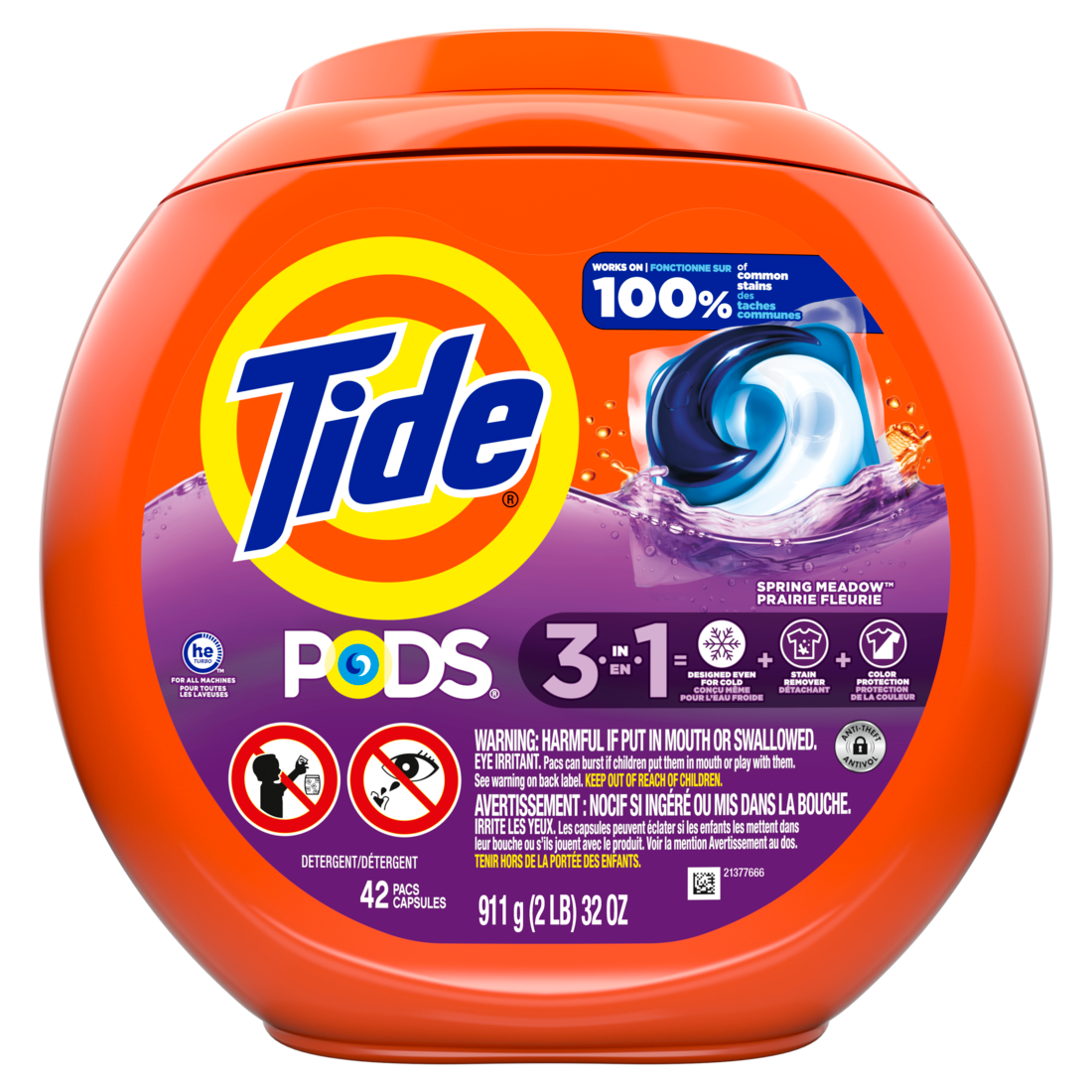 Tide Pods Laundry Detergent Spring Meadow Scent 3-in-1 Stain Remover Odor Fighter Color Protector Concentrated Laundry Soap Pacs - 42ct/4pk