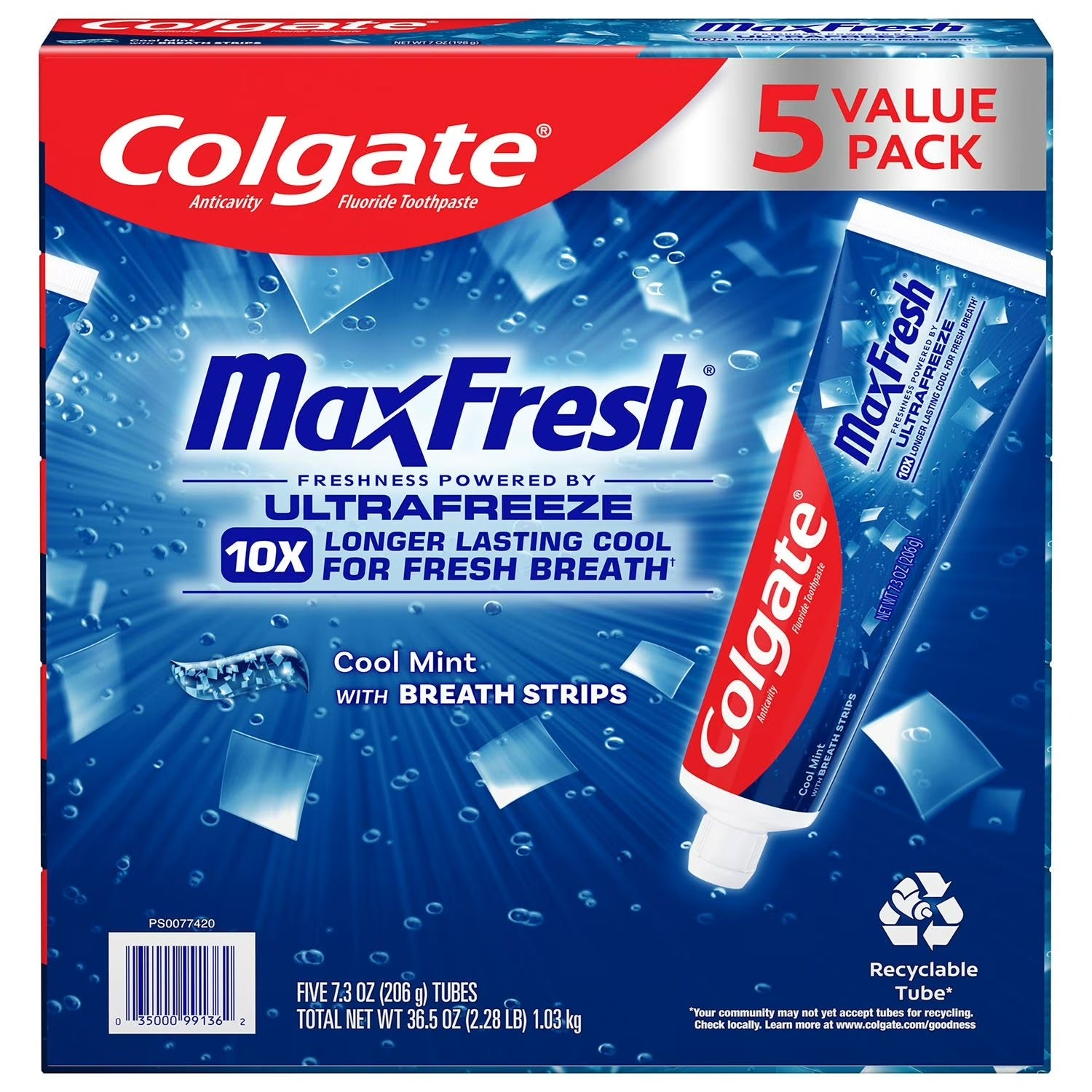 Colgate MaxFresh Toothpaste with Mini Breath Strips Cool Mint - (5x7.3)oz/1pk