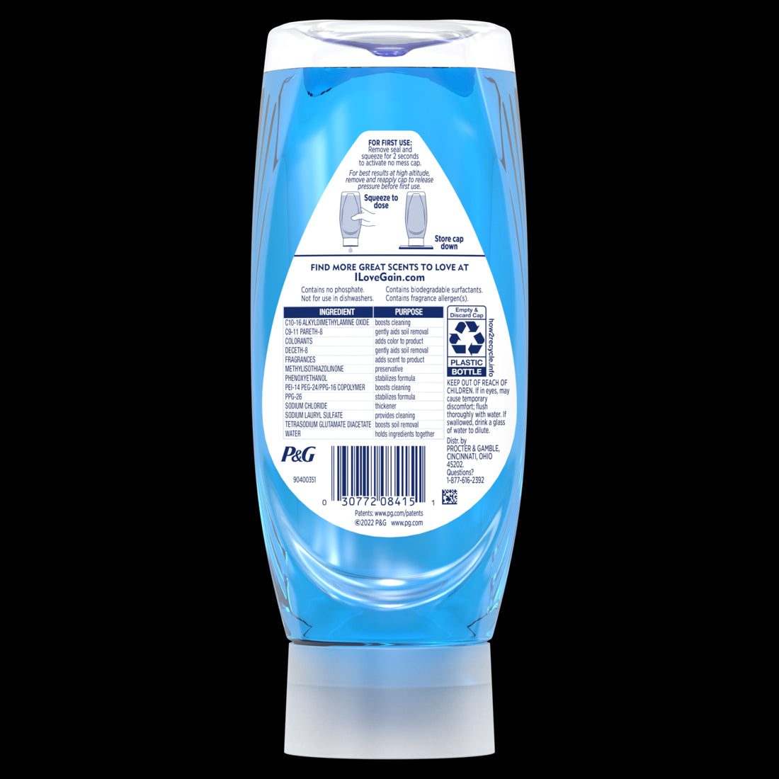 Gain Ultra + Bleach Alternative EZ-Squeeze Dish Soap Dishwashing Liquid Honey Berry Hula - 14.7oz/8pk