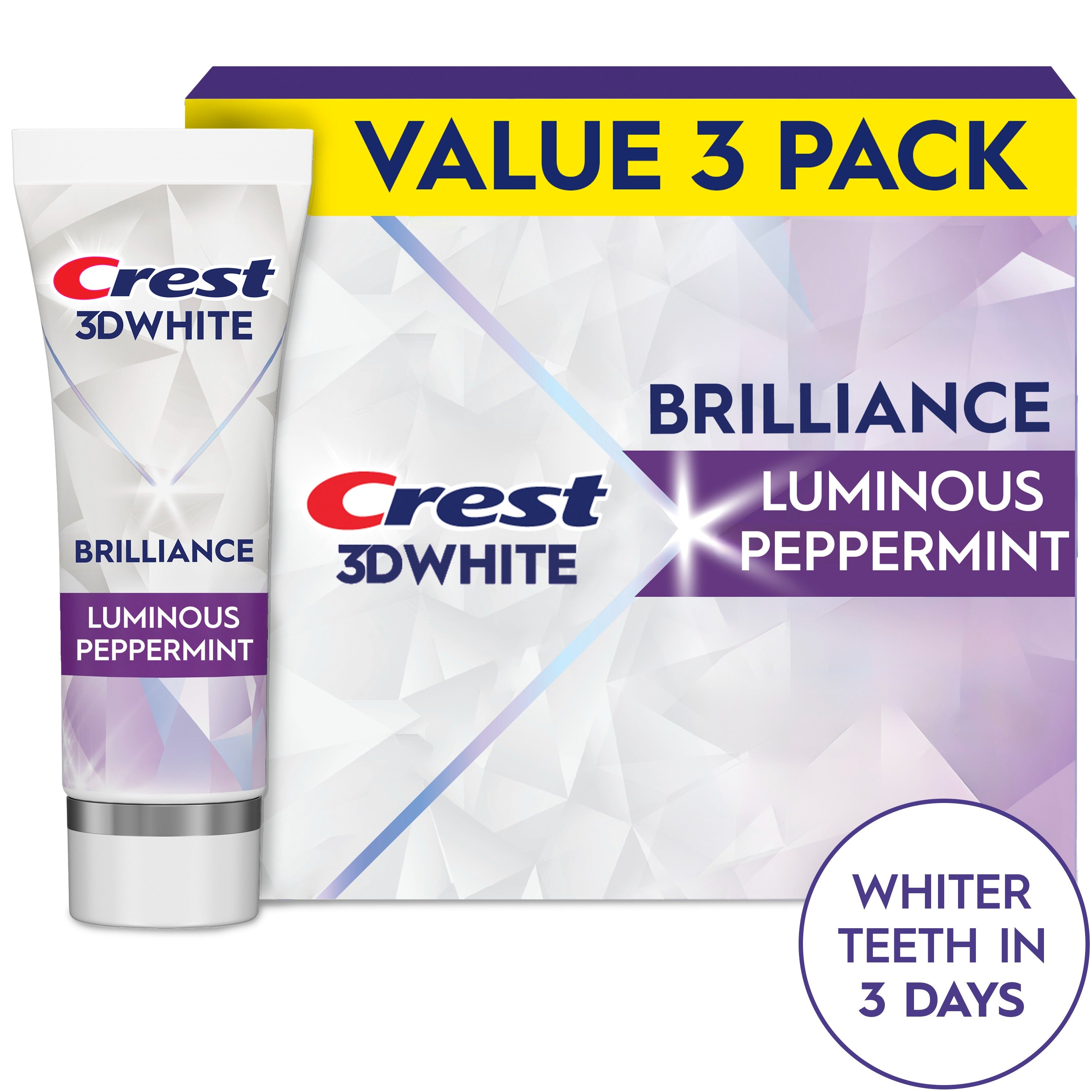 Crest 3D White Brilliance Vibrant Peppermint Teeth Whitening Toothpaste Whiter Teeth in 3 Days Anticavity Fluoride Toothpaste 100% More Surface Stain Removal 24 Hour Active Stain Prevention - (3x4.6)oz/4pk