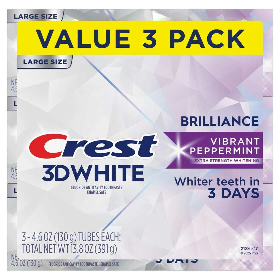 Crest 3D White Brilliance Vibrant Peppermint Teeth Whitening Toothpaste Whiter Teeth in 3 Days Anticavity Fluoride Toothpaste 100% More Surface Stain Removal 24 Hour Active Stain Prevention - (3x4.6)oz/4pk