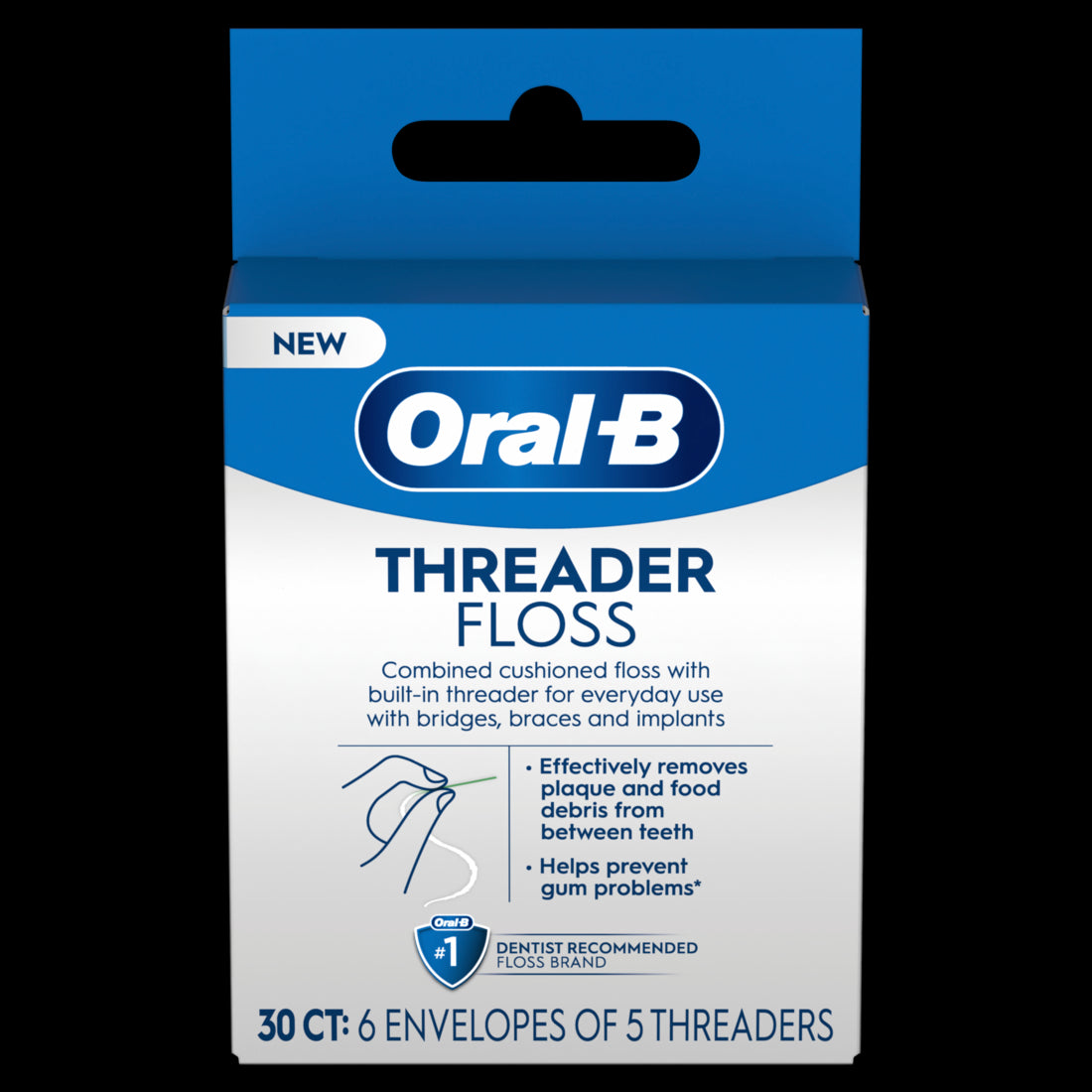 Oral-B Threader Dental Floss for Bridges Braces and Implants - 30ct/6pk